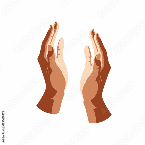 Illustration of Two Outstretched Hands in a Gesture of Offering and Unity with Warm Light and Shadow Play on White Background