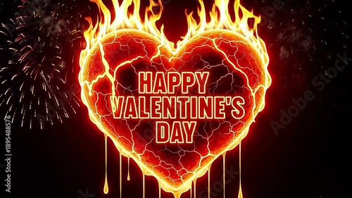 Fiery Heart Happy Valentine’s Day Animation with Burning Flame Effect, Passionate Love Background Video