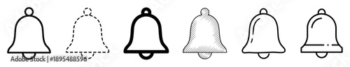 Set of black notification bell icons in various outline styles including simple, dashed, bold, and hand-drawn sketch for user interface design and mobile apps