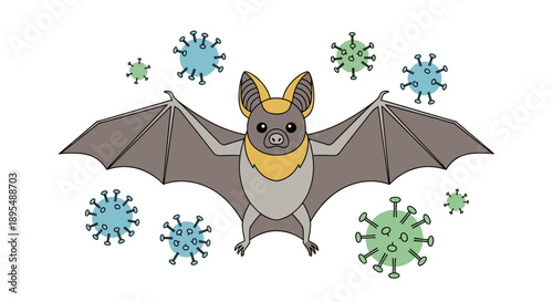The concept of zoonotic disease transmission: cartoon bat with surrounding viruses for emerging infectious disease awareness, public health, and biology research blogs