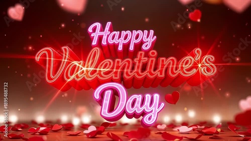 Happy Valentine’s Day Red Neon Text with Floating Hearts, Romantic Love Greeting Animation Background
