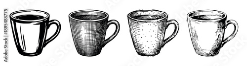 Four black and white coffee mug illustrations in a row showcase different hand-drawn techniques like cross-hatching, stippling, and bold ink lines in a classic vintage style