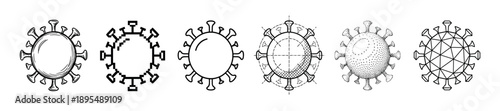 Set of six virus icons presented in various artistic styles including engraving, pixel art, line art, blueprint, stipple, and low poly geometric design for scientific illustration