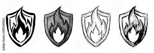 Four hand-drawn black and white shields with a flame symbol, a collection of sketch-style icons with different hatching and line art techniques for security or protection