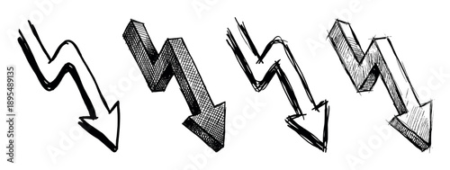 Set of four hand-drawn black arrows pointing downwards in a sketchy doodle style, symbolizing financial crisis, recession, business failure, and economic decline