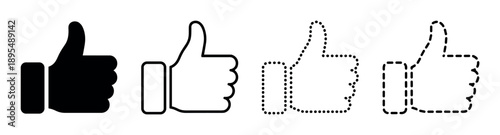 Set of four black thumbs up icons showing different styles including solid, outline, dotted, and dashed line variations for social media approval and agreement gestures