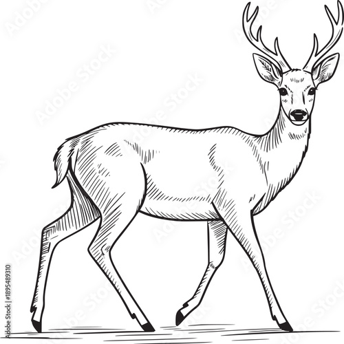 Sketch illustration of a deer with antlers walking on a white background in black and white style