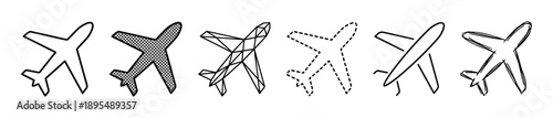 Six black airplane vector icons in different hand-drawn styles including doodle, geometric, outline, and dashed line for travel and transportation design elements