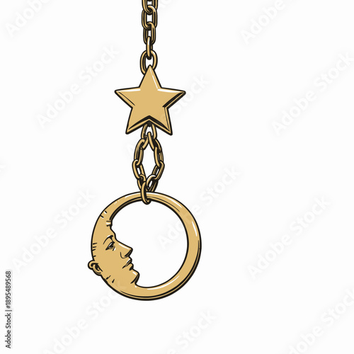 Intricate Gold Tone Pendant Jewelry Featuring a Crescent Moon with a Face Hanging from a Chain with a Star Accent