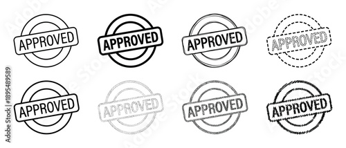 Collection of black approved rubber stamps in various styles, including grunge, sketch, and solid line art, showing a set of circular seals for validation and certification