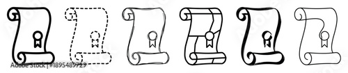 Set of black outline scroll icons in various styles including sketch, brush stroke, and dashed line, representing diplomas, certificates, and ancient documents with wax seals