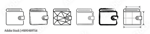 Set of six black wallet icons in various artistic styles including line art, hand-drawn sketch, geometric pattern, dotted outline, brush stroke, and technical drawing