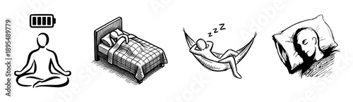 Set of four hand-drawn black icons showing concepts of rest, sleep, and recharging energy, including meditation, sleeping in a bed, napping in a hammock, and a head on a pillow