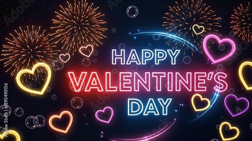 Happy Valentine’s Day Neon Blue and Pink Text with Fireworks, Stylish Romantic Love Animation Video