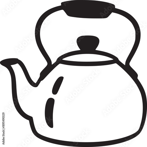 Black and white vector illustration of a kettle with a handle and spout on a white background