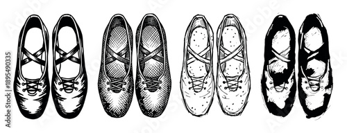 Four pairs of hand-drawn women's shoes in a row, a collection of footwear illustrations in various sketch, ink, and hatching styles shown from a top-down perspective