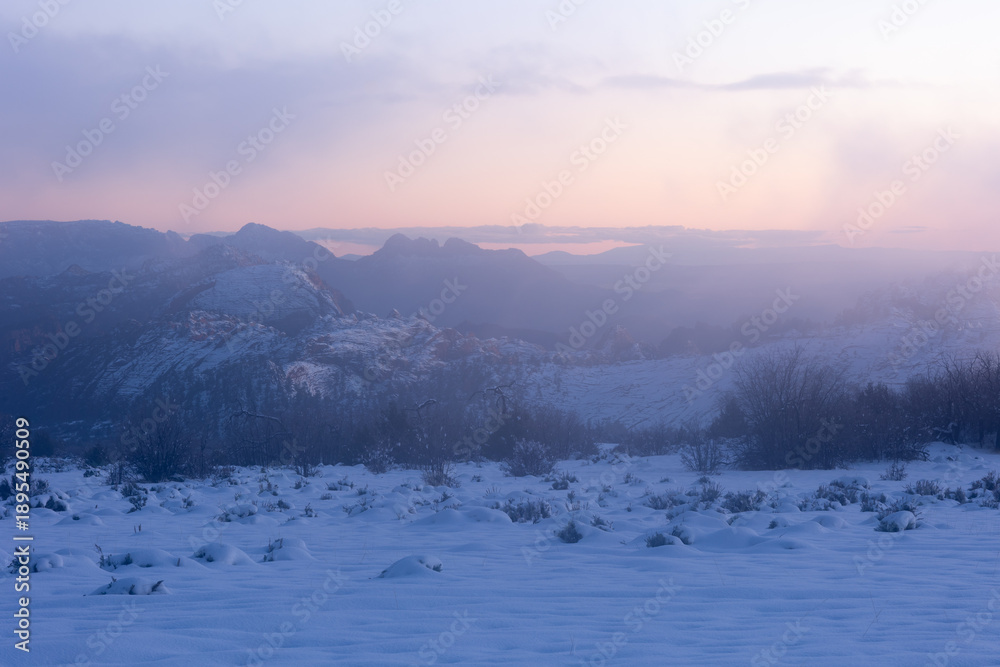 Fototapeta premium A pale pink afterglow on the horizon gives a touch of warmth to this snowy foggy winter landscape in the mountains of Southern Utah USA.