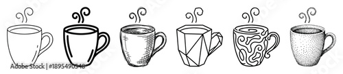 Set of six hand-drawn mugs in various artistic styles including line art, sketch, geometric, abstract, and stippling, each black and white cup steaming with a hot beverage