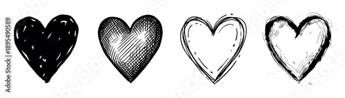 Four black hand-drawn heart icons set with different doodle textures, including solid fill, cross-hatching, outline, and grunge sketch styles for romantic design elements