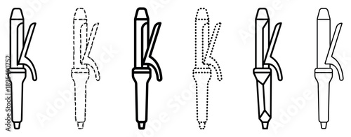 Set of black and white curling iron icons in various line art styles including solid, dashed, and dotted outlines for beauty and hairstyling concepts