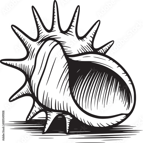 Detailed monochrome drawing of a spiky seashell with intricate line work on a white background