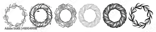 Set of six hand-drawn wreaths in various artistic styles, including line art, sketch, geometric, stippling, engraving, and brush stroke for decorative design elements