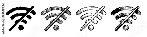 Four hand-drawn no Wi-Fi signal icons in a black and white sketch style collection showing a crossed-out wireless symbol for no internet connection