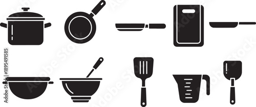 Cooking Tool Graphics, Pot, Pan, Bowl, Spatula, Minimal Vector Set
