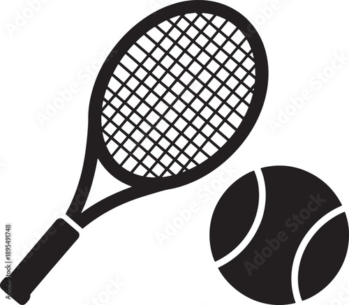 Tennis Icons, Racket and Ball Silhouettes, Sport Equipment