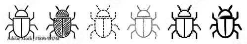 Set of six black bug icons in various artistic styles including simple line, hand-drawn sketch, dashed, dotted, pixelated, and grunge brush stroke illustrations