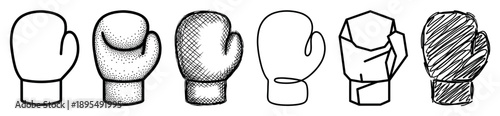 Set of six black boxing gloves illustrated in various hand-drawn artistic styles, including line art, stippling, cross-hatching, geometric, and scribble for a design collection
