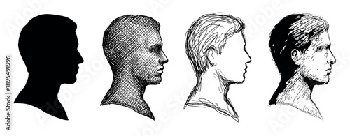 Set of four hand-drawn illustrations of a young man's head in profile, showcasing different artistic techniques like silhouette, cross-hatching, line art, and high contrast