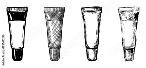 Four hand-drawn cosmetic cream tubes illustrated in a black and white sketch style with different hatching and line art techniques, showing a collection of beauty product containers