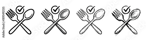Set of four hand-drawn icons with a crossed fork and spoon and a checkmark symbol, illustrating food safety and quality concepts in various sketch and line art styles