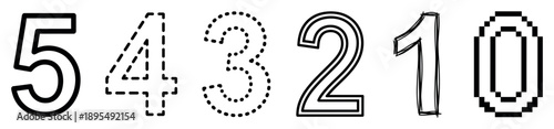 Set of black numbers from five to zero shows a countdown with each digit rendered in a unique artistic style, including outline, dashed, dotted, sketchy, and pixelated fonts
