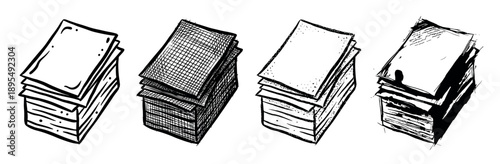 Four hand-drawn stacks of paper sheets in a rough sketch style, a set of monochrome illustrations with different textures like crosshatching, stippling, and heavy ink strokes