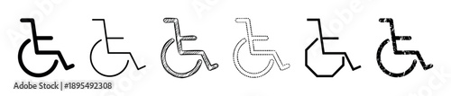 Set of six black wheelchair icons representing disability and accessibility in various graphic styles including outline, sketch, dotted, geometric, and grunge textures