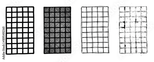 Four hand-drawn rectangular grid patterns in a set, showcasing various artistic styles from clean and cross-hatched to sketchy and distressed grunge for creative projects