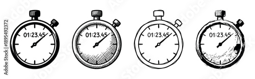 Set of four hand-drawn stopwatch timer illustrations in various artistic sketch styles, including simple outline, cross-hatching, and grunge textures for time measurement