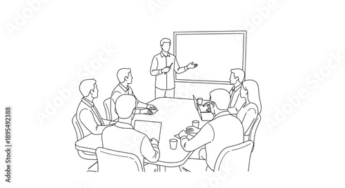 A presenter addresses a group of seated professionals during a formal business meeting in an office setting.
