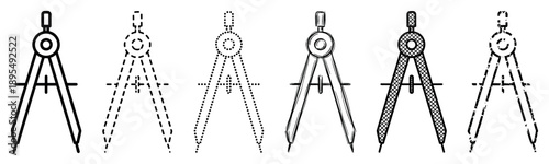 Set of six drawing compass icons with different outline styles including solid, dashed, dotted, hand-drawn sketch, crosshatch texture, and a distressed grunge effect