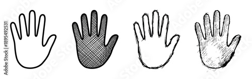 Set of four hand-drawn illustrations showing open palms in various artistic styles, including simple outline, crosshatch fill, rough sketch, and textured grunge effect