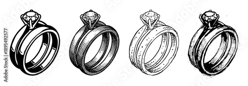 Set of four hand-drawn diamond rings in various graphic illustration styles, including clean lines, cross-hatching, and a rough sketch texture for a vintage look