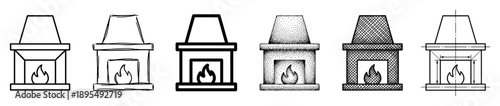 Set of six fireplace icon illustrations showing different artistic styles from simple line art and sketch to stippling, cross-hatching, and a technical blueprint drawing