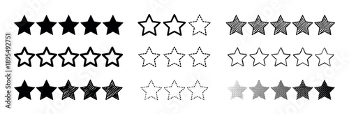 Collection of black star rating icon sets in various styles including solid, outline, hand-drawn, dotted, and scribbled for customer reviews and quality feedback