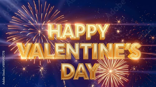Happy Valentine’s Day Fireworks Animation with Golden Glowing Text, Romantic Love Celebration Night Background Video