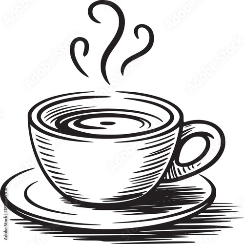 Sketch illustration of a coffee cup with steam on a saucer in black and white drawing style