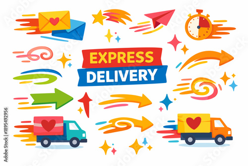Express delivery flat icon set. featuring envelope, stopwatch, truck, arrow, and paper plane symbols