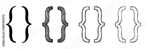 Set of four hand-drawn curly braces showing different artistic styles, from solid black ink and textured crosshatching to rough sketchy outlines for typographic design elements