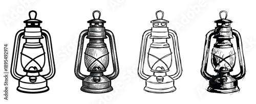Four vintage kerosene lantern illustrations presented as a set with distinct artistic styles, including detailed engraving, simple line art, and a bold sketch